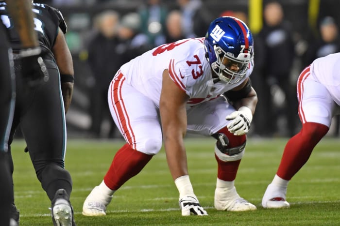 Jan 8, 2023; Philadelphia, Pennsylvania, USA; New York Giants offensive tackle Evan Neal (73) against the Philadelphia Eagles at Lincoln Financial Field.